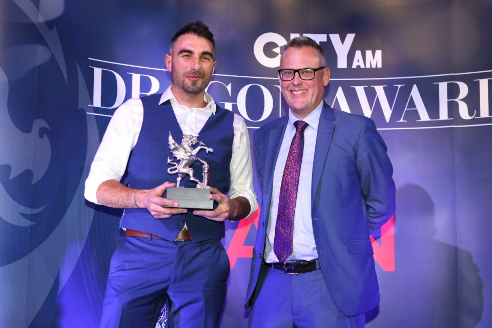 Peter Hansell co-founder and CEO of ISLA Health pictured with Morning Wire's chief operating officer Harry Owen. Morning Wire Dragon Awards 2024 at Mansion House. (Credit: Gretel Ensignia)