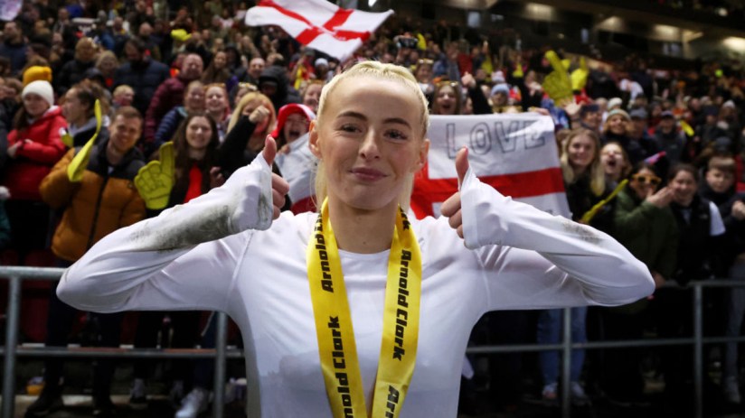 Chloe Kelly of England poses for a photo after the team's victory during the Arnold Clark Cup match between England and Belgium at Ashton Gate on February 22, 2023 in Bristol, England. (Photo by Warren Little/Getty Images)