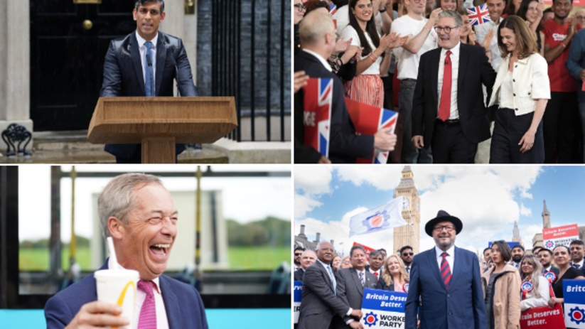 Clockwise from top left: Rishi Sunak; Keir Starmer and his wife Victoria; George Galloway; and Nigel Farage. Photos: PA
