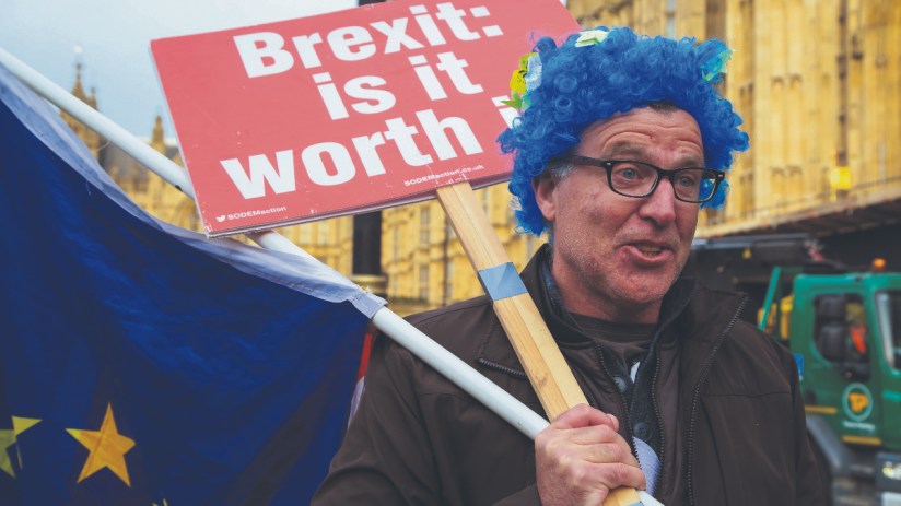 (An anti brexit protester seen with his placard and a EU flag outside the house of parliament. -- Photo by Dinendra Haria/SOPA Images/LightRocket via Getty Images)