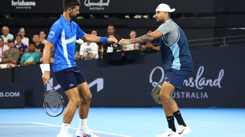 Novak Djokovic and Nick Kyrgios teamed up to beat Andreas Mies and Alexander Erler at the Brisbane International.