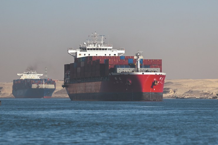 A ship transits the Suez Canal towards the Red Sea. (Photo by Sayed Hassan/Getty Images)