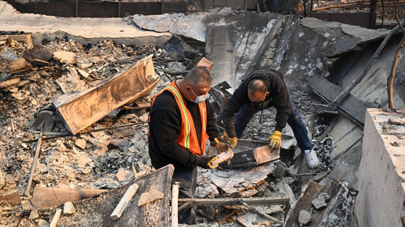 Residents search for valuables among the rubbles of their burnt houses during Eaton wildfire in Altadena of Los Angeles County, California, United States on January 9, 2025. . (Photo by Tayfun Coskun/Anadolu via Getty Images)