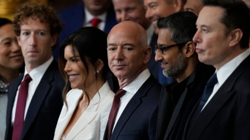 WASHINGTON, DC - JANUARY 20: Guests including Mark Zuckerberg, Lauren Sanchez, Jeff Bezos, Sundar Pichai and Elon Musk attend the Inauguration of Donald J. Trump in the U.S. Capitol Rotunda on January 20, 2025 in Washington, DC. Donald Trump takes office for his second term as the 47th president of the United States. (Photo by Julia Demaree Nikhinson - Pool/Getty Images)