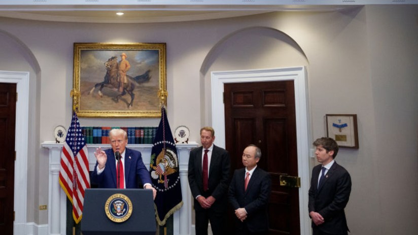 U.S. President Donald Trump, accompanied by (L-R) Oracle CTO Larry Ellison, SoftBank CEO Masayoshi Son, and OpenAI CEO Sam Altman, speaks during a news conference in the Roosevelt Room of the White House on January 21, 2025 in Washington, DC. Trump announced an investment in artificial intelligence (AI) infrastructure and took questions on a range of topics including his presidential pardons of Jan. 6 defendants, the war in Ukraine, cryptocurrencies and other topics. (Photo by Andrew Harnik/Getty Images)