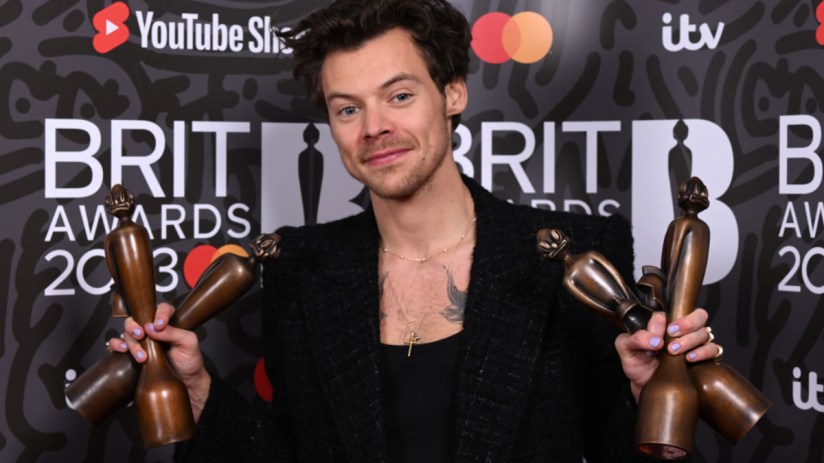 Harry Styles poses with the awards for British Pop/R&B Act, British Artist of the Year, Song of the Year and Album of the Year during The BRIT Awards 2023 at The O2 Arena. (Photo by Jeff Spicer/Getty Images)