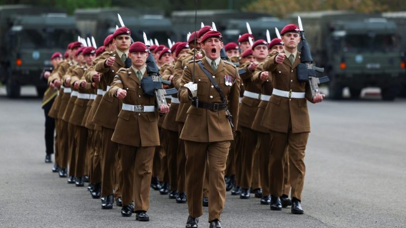 CATTERICK, UNITED KINGDOM - MAY 3: Members of the Passing Out Parade of the Parachute Regiment walk during a visit of the Britain's Prime Minister Rishi Sunak to the Helles Barracks at the Catterick Garrison, a military base in North Yorkshire, on May 3, 2024 in Cattrick, England. (Photo by Molly Darlington-WPA Pool/Getty Images)