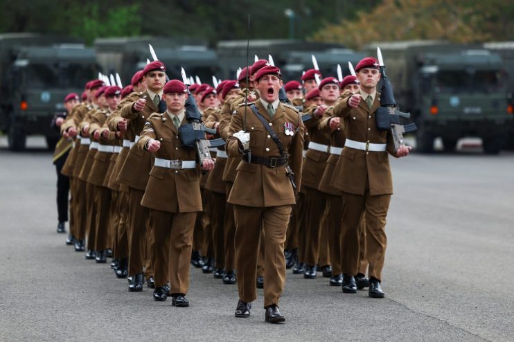 CATTERICK, UNITED KINGDOM - MAY 3: Members of the Passing Out Parade of the Parachute Regiment walk during a visit of the Britain's Prime Minister Rishi Sunak to the Helles Barracks at the Catterick Garrison, a military base in North Yorkshire, on May 3, 2024 in Cattrick, England. (Photo by Molly Darlington-WPA Pool/Getty Images)