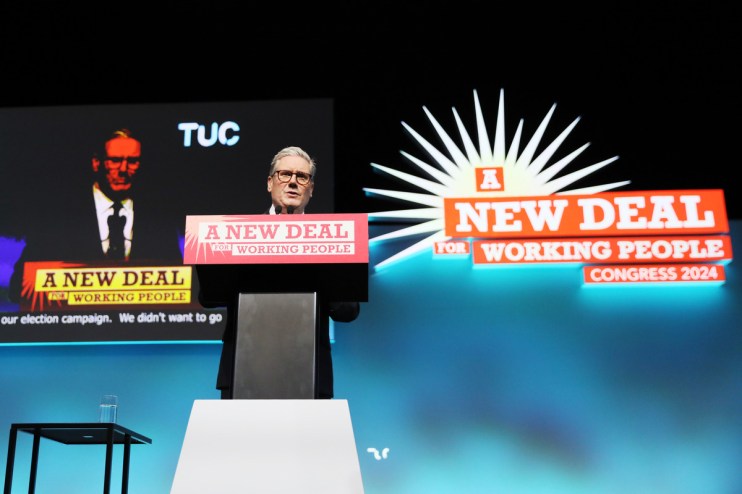 Prime Minister Sir Keir Starmer speaks about workers' rights on day three of the Trades Union Congress on September 10, 2024 in Brighton, United Kingdom (Photo by Alishia Abodunde/Getty Images)