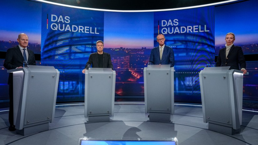 (L-R) German Chancellor Olaf Scholz, top candidate for chancellor of Germany's Social Democratic SPD party, Green Party's main candidate and German Minister of Economics and Climate Protection Robert Habeck, Friedrich Merz, main candidate and chairman of the Christian Democratic Union (CDU), and co-leader and main candidate of the far-right Alternative for Germany (AfD) party Alice Weidel take part in a TV debate in Berlin on February 16, 2025, ahead of the parliamentary elections due to take place on February 23, 2025. (Photo by Kay Nietfeld / POOL / AFP) (Photo by KAY NIETFELD/POOL/AFP via Getty Images)