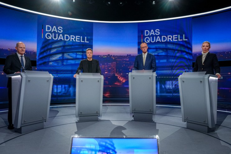 (L-R) German Chancellor Olaf Scholz, top candidate for chancellor of Germany's Social Democratic SPD party, Green Party's main candidate and German Minister of Economics and Climate Protection Robert Habeck, Friedrich Merz, main candidate and chairman of the Christian Democratic Union (CDU), and co-leader and main candidate of the far-right Alternative for Germany (AfD) party Alice Weidel take part in a TV debate in Berlin on February 16, 2025, ahead of the parliamentary elections due to take place on February 23, 2025. (Photo by Kay Nietfeld / POOL / AFP) (Photo by KAY NIETFELD/POOL/AFP via Getty Images)