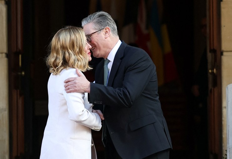 Keir Starmer welcomes Italian Prime Minister Giorgia Meloni to Lancaster House, London, for a European leaders' summit on the situation in Ukraine. Credit: Toby Melville/PA Wire