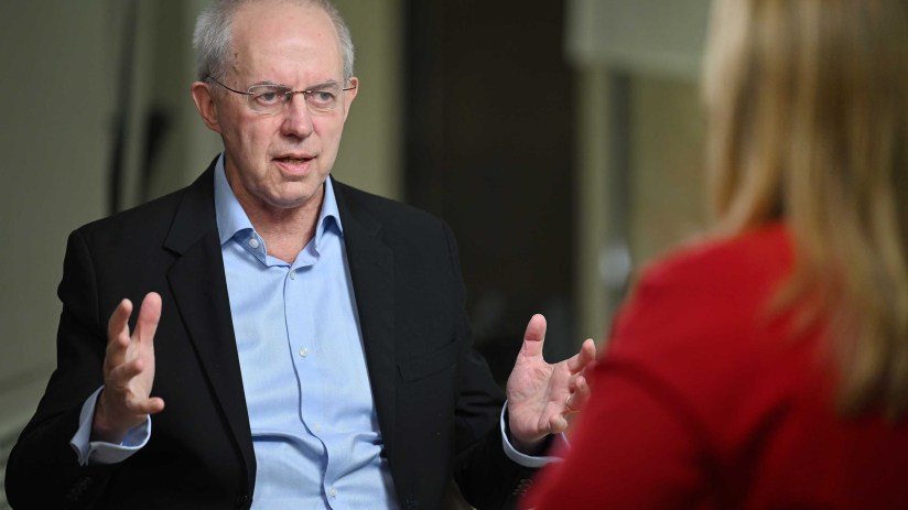Former archbishop of Canterbury Justin Welby being interviewed by Laura Kuenssberg for the the BBC1 current affairs programme, Sunday with Laura Kuenssberg. Credit: Jeff Overs/BBC/PA Wire