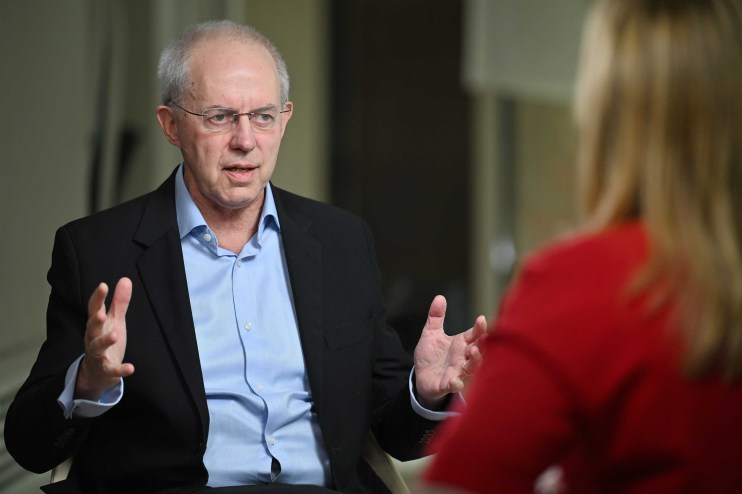 Former archbishop of Canterbury Justin Welby being interviewed by Laura Kuenssberg for the the BBC1 current affairs programme, Sunday with Laura Kuenssberg. Credit: Jeff Overs/BBC/PA Wire