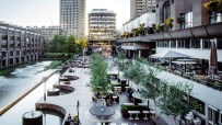 Barbican Centres Lakeside Terrace bustling with SXSW attendees, capturing the vibrant intersection of arts and technology.