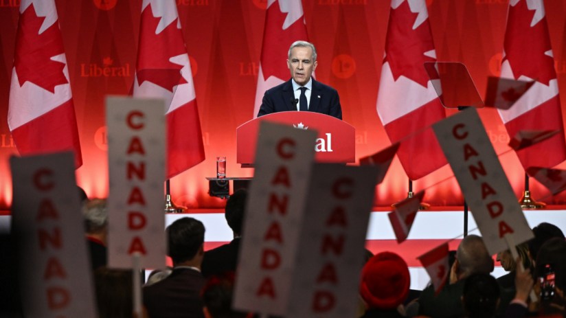 Mark Carney, the newly elected leader of the Liberal Party of Canada, addresses supporters in a victory speech after the official announcement of the 2025 Liberal Leadership race results at Rogers Centre, in Ottawa, Ontario, Canada, on March 9, 2025. (Photo by Artur Widak/NurPhoto via Getty Images)