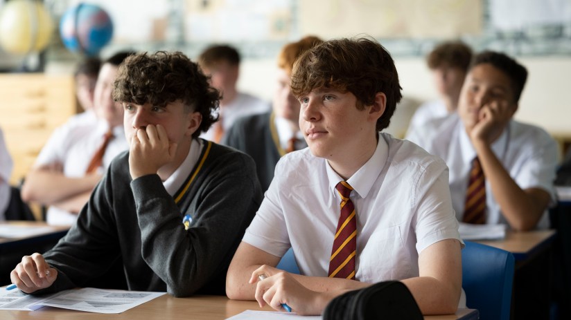 CARDIFF, WALES - SEPTEMBER 14: Pupils listen during a lesson at Whitchurch High School on September 14, 2021 in Cardiff, Wales. All children aged 12 to 15 across the UK will be offered a dose of the Pfizer-BioNTech Covid-19 vaccine. Parental consent will be sought for the schools-based vaccination programme. (Photo by Matthew Horwood/Getty Images)