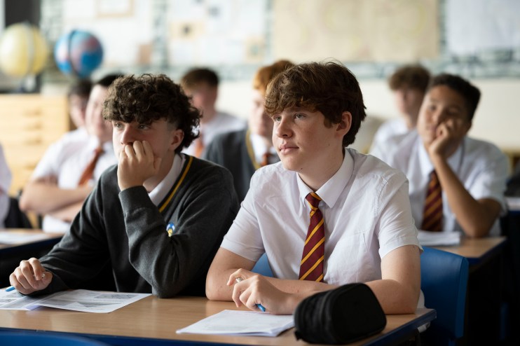 CARDIFF, WALES - SEPTEMBER 14: Pupils listen during a lesson at Whitchurch High School on September 14, 2021 in Cardiff, Wales. All children aged 12 to 15 across the UK will be offered a dose of the Pfizer-BioNTech Covid-19 vaccine. Parental consent will be sought for the schools-based vaccination programme. (Photo by Matthew Horwood/Getty Images)