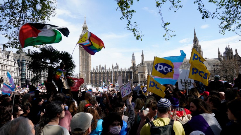 Thousands of trans rights protesters have marched through central London days after a Supreme Court ruled on the definition of a woman. Photo: PA