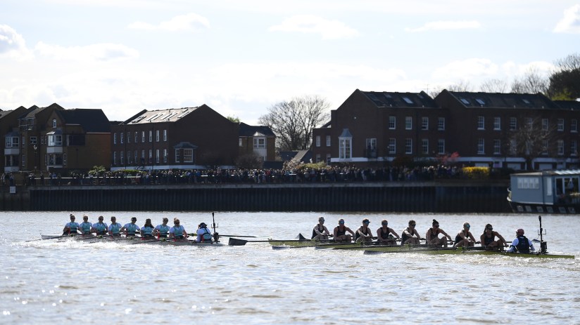 LONDON, ENGLAND - MARCH 30: Members of Oxford University Boat Club and members of Cambridge University Boat Club collide in the Women's Boat Race, leading to Oxford University Boat Club appealing at the end of the race during The Gemini Boat Race 2024 on March 30, 2024 in London, England. (Photo by Alex Davidson/Getty Images)