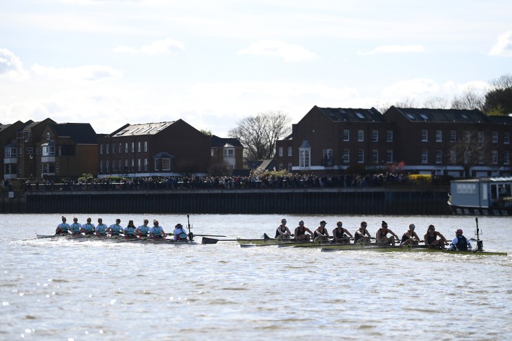 LONDON, ENGLAND - MARCH 30: Members of Oxford University Boat Club and members of Cambridge University Boat Club collide in the Women's Boat Race, leading to Oxford University Boat Club appealing at the end of the race during The Gemini Boat Race 2024 on March 30, 2024 in London, England. (Photo by Alex Davidson/Getty Images)