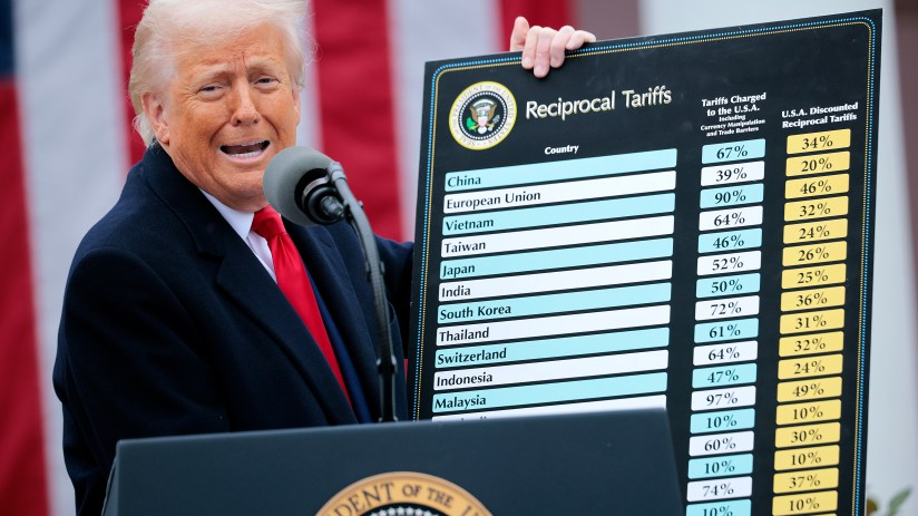 WASHINGTON, DC - APRIL 02: U.S. President Donald Trump holds up a chart while speaking during a &ldquo;Make America Wealthy Again&rdquo; trade announcement event in the Rose Garden at the White House on April 2, 2025 in Washington, DC. Touting the event as &ldquo;Liberation Day&rdquo;, Trump is expected to announce additional tariffs targeting goods imported to the U.S. (Photo by Chip Somodevilla/Getty Images)