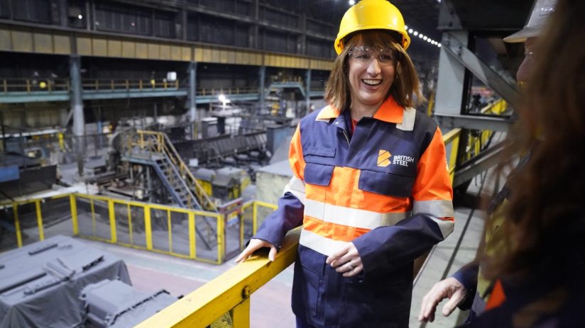 SCUNTHORPE, ENGLAND - APRIL 17: Chancellor of the Exchequer Rachel Reeves in the rail and sections hot end rolling mill during her visit to the British Steel site on April 17, 2025 in Scunthorpe, England. This weekend, the UK government passed emergency legislation to transfer control of British Steel's Scunthorpe site from Chinese owners Jingye Steel, who had said they were planning to permanently decommission its two blast furnaces. (Photo by Danny Lawson - WPA Pool/Getty Images)