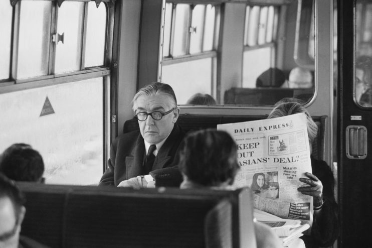 British Labour Party MP Richard Crossman (1907 - 174), the Secretary of State for Social Services, in the restaurant car of the Banbury to London train, UK, 9th March 1970. (Photo by Len Trievnor/Daily Express/Getty Images)