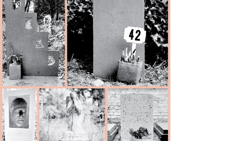 Clockwise from top left: Patrick Caulfield&rsquo;s DEAD memorial, shot by Daryl Gerard Morrissey for theunfinishedcity.co.uk; Douglas Adams&rsquo; simple grave in Highgate Cemetery; The final resting place of Jean-Paul Sartre and Simone de Beauvoir; A classic grave in Highgate taken by Annie Spratt; Jonathan Miller&rsquo;s inverted face memorial shot by Simon Edwards Esq