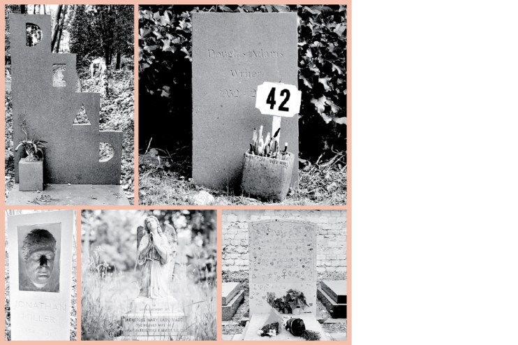 Clockwise from top left: Patrick Caulfield&rsquo;s DEAD memorial, shot by Daryl Gerard Morrissey for theunfinishedcity.co.uk; Douglas Adams&rsquo; simple grave in Highgate Cemetery; The final resting place of Jean-Paul Sartre and Simone de Beauvoir; A classic grave in Highgate taken by Annie Spratt; Jonathan Miller&rsquo;s inverted face memorial shot by Simon Edwards Esq