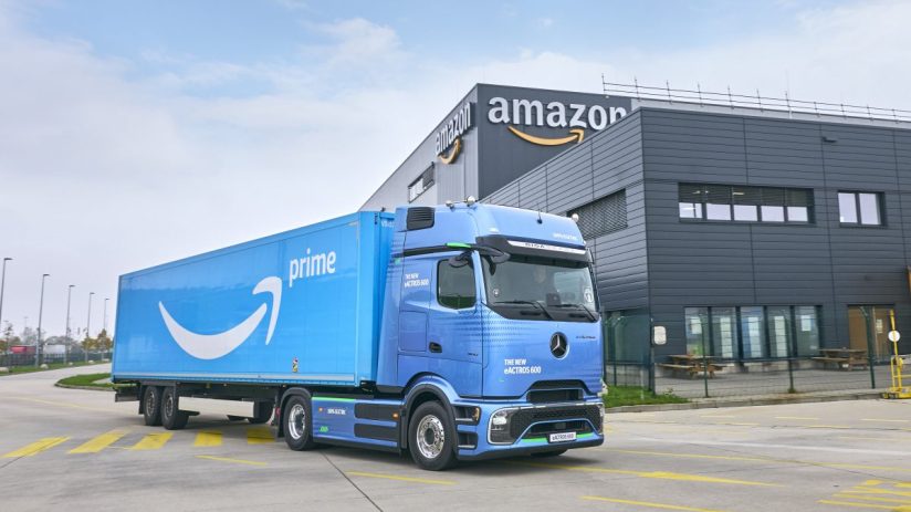 Amazons new eActros 600 electric truck in UK fleet expansion, showcasing sustainability in logistics.
