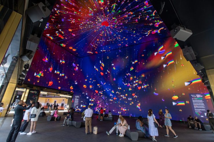 LONDON, ENGLAND - JUNE 15: Members of the public during the launch of "Space to Have a Ball", an immersive experience in celebration of Pride Month at Outernet London on June 15, 2023 in London, England. (Photo by Shane Anthony Sinclair/Getty Images)