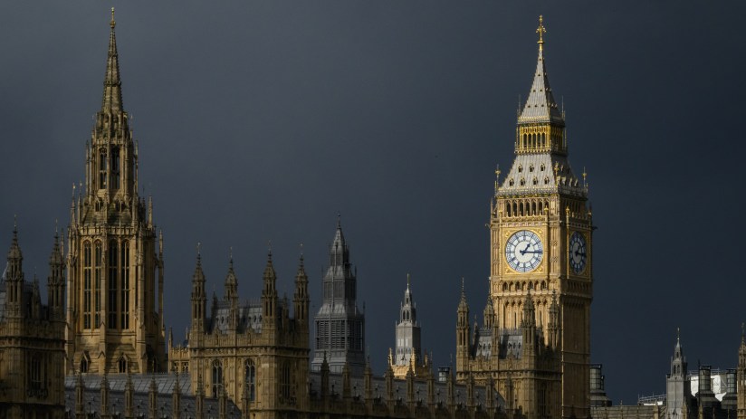 LONDON, ENGLAND - MARCH 13: Elizabeth Tower, commonly referred to as "Big Ben" is illuminated by the sunlight against dark storm clouds on March 13, 2025 in London, England. The name Big Ben actually refers to the 13 ton bell within the clock tower. (Photo by Leon Neal/Getty Images)