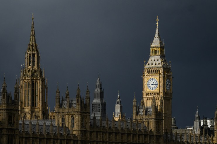LONDON, ENGLAND - MARCH 13: Elizabeth Tower, commonly referred to as "Big Ben" is illuminated by the sunlight against dark storm clouds on March 13, 2025 in London, England. The name Big Ben actually refers to the 13 ton bell within the clock tower. (Photo by Leon Neal/Getty Images)