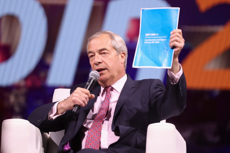 Reform UK leader Nigel Farage displays Reform's new Cryptoassets and Digital Finance Bill at Bitcoin Conference in Las Vegas, 2025.
