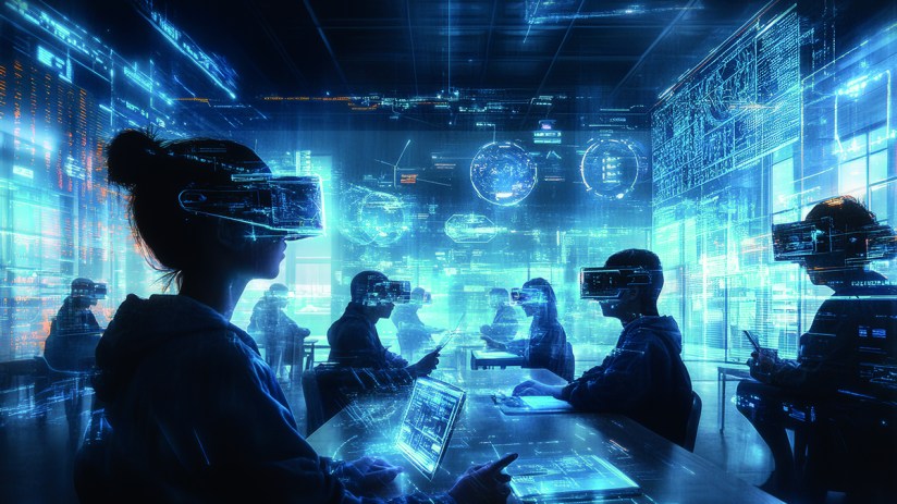A high-tech classroom of the future, with students using augmented reality glasses. School of the future. Created by ai