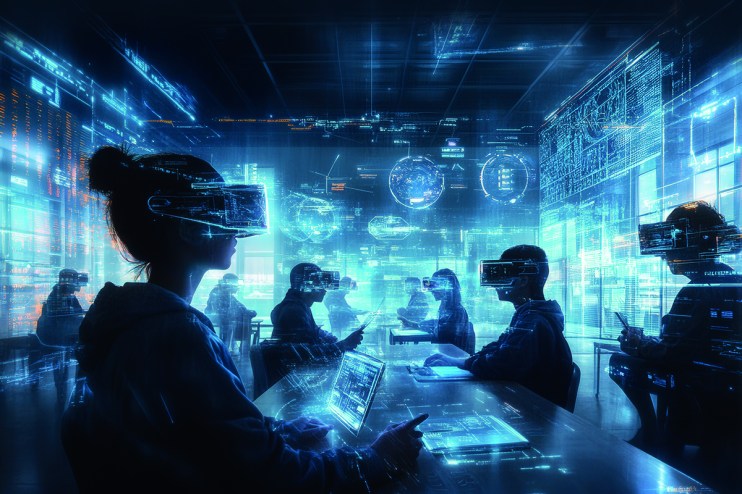 A high-tech classroom of the future, with students using augmented reality glasses. School of the future. Created by ai