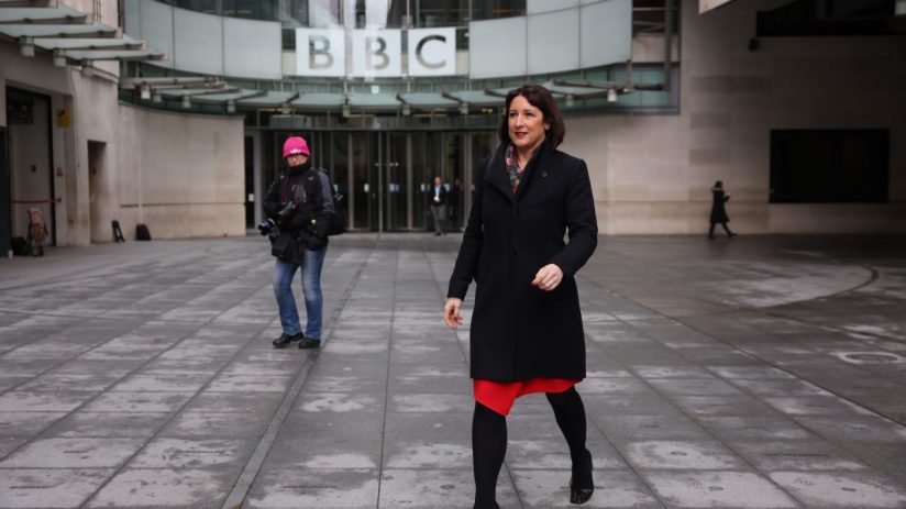 Rachel Reeves leaves BBC Broadcasting House after her appearance on Sunday with Laura Kuenssberg on March 12, 2023 in London, England.