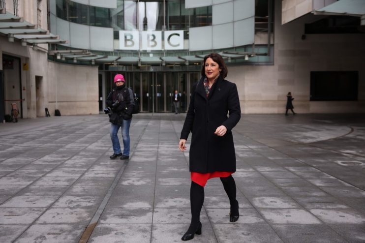 Rachel Reeves leaves BBC Broadcasting House after her appearance on Sunday with Laura Kuenssberg on March 12, 2023 in London, England.