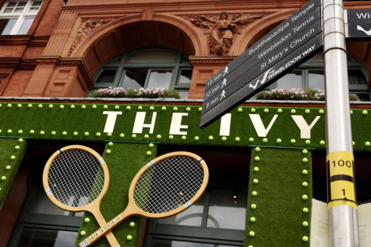 Tennis rackets are seen on the side of The Ivy in Wimbledon village during day four of The Championships Wimbledon 2023 at All England Lawn Tennis and Croquet Club on July 06, 2023 in London, England. (Photo by Julian Finney/Getty Images)