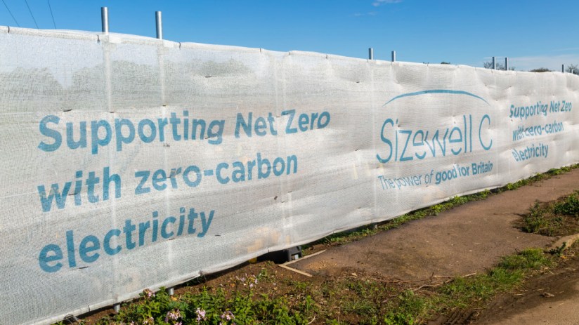 Banner for Sizewell C nuclear power plant construction site.