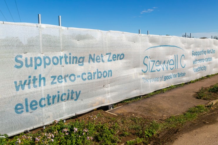 Banner for Sizewell C nuclear power plant construction site.