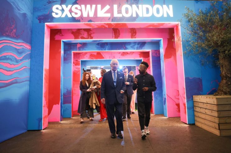 King Charles III views the immersive exhibition &ldquo;Grounding&rdquo; with Damien Roach on day four of SXSW London 2025 at the Truman Brewery on June 05, 2025 in London, England. (Photo by Jack Taylor/Getty Images for SXSW London)