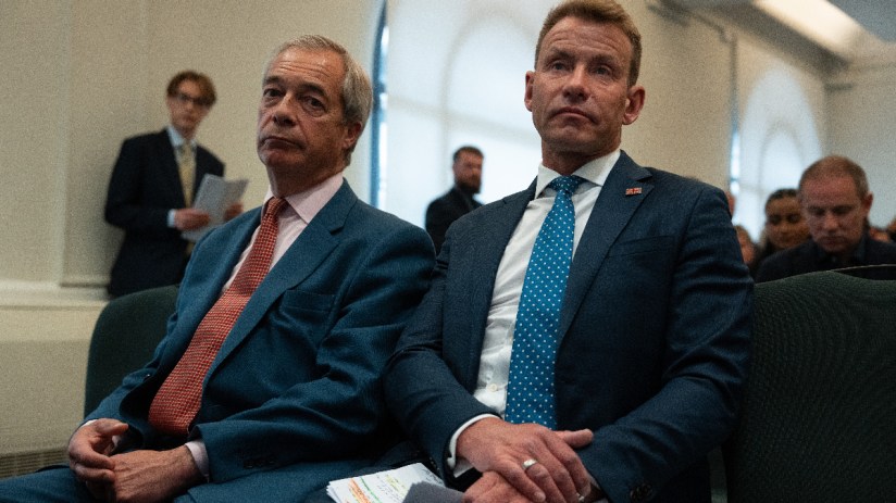Reform UK leader, Nigel Farage sits next to David Bull following Mr Bull's announcement as Reform chairman at a Party press conference on June 10, 2025 in London, England. (Photo by Carl Court/Getty Images)