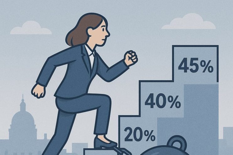 Flat-design illustration of a businesswoman climbing staircase-like blocks labeled &ldquo;20 %,&rdquo; &ldquo;40 %,&rdquo; and &ldquo;45 %,&rdquo; with an &ldquo;INFLATION&rdquo; weight chained to her ankle and a faint London skyline in the background.