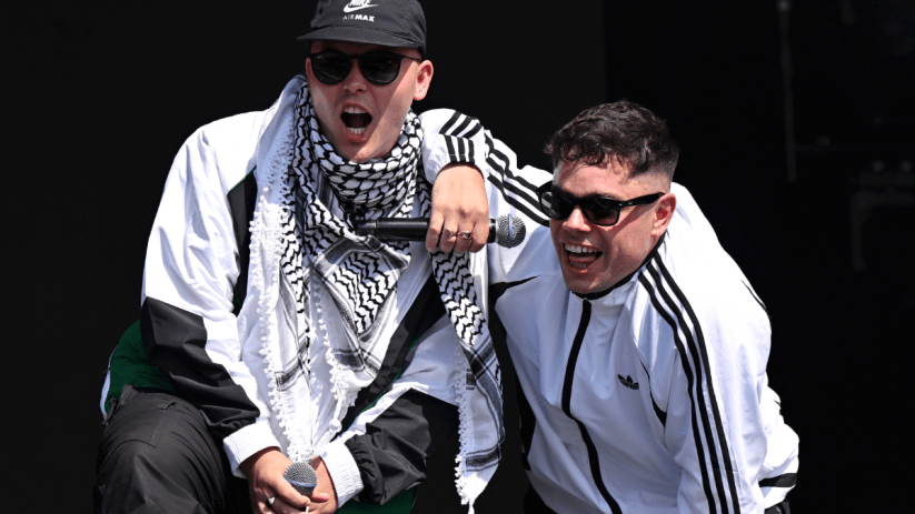 Mo Chara and M&oacute;gla&iacute; Bap of Kneecap performing at Glastonbury 2025
