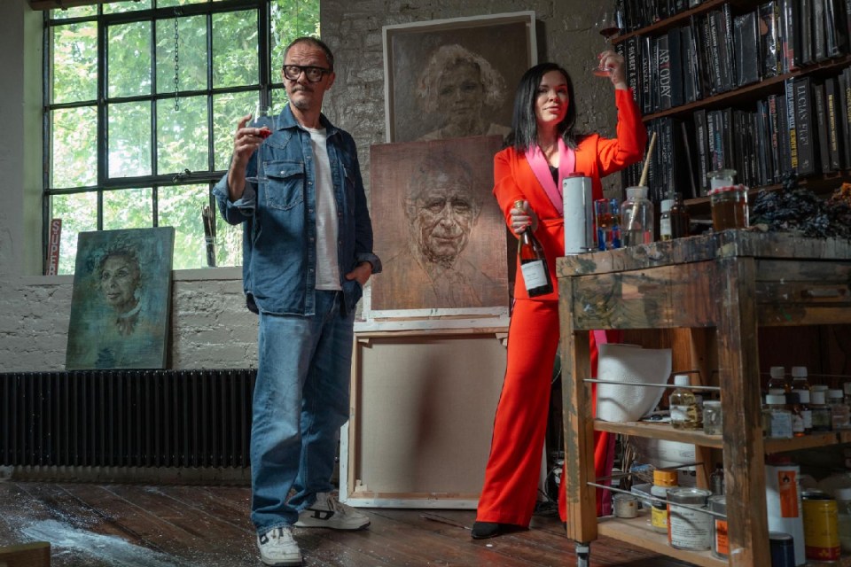 Jonathan Yeo and Libby Brodie enjoy a glass of wine in his Shepherd's Bush studio
