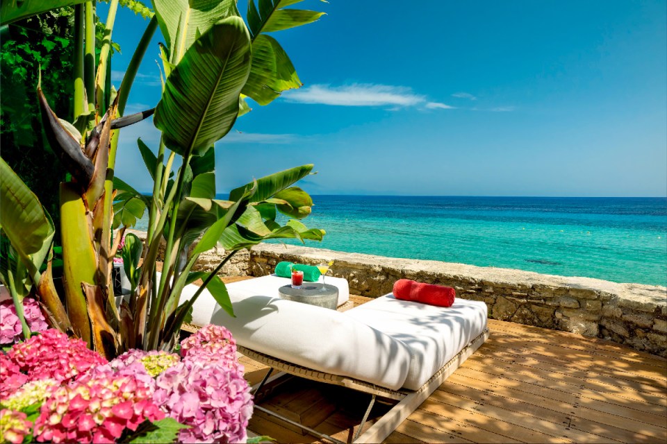 A beachside lounger at Porto Zante in Zakynthos, Greece