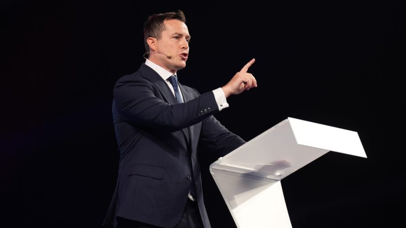 MP James McMurdock speaking during the Reform Party's annual conference at the National Exhibition Centre in Birmingham. Credit: Joe Giddens/PA Wire