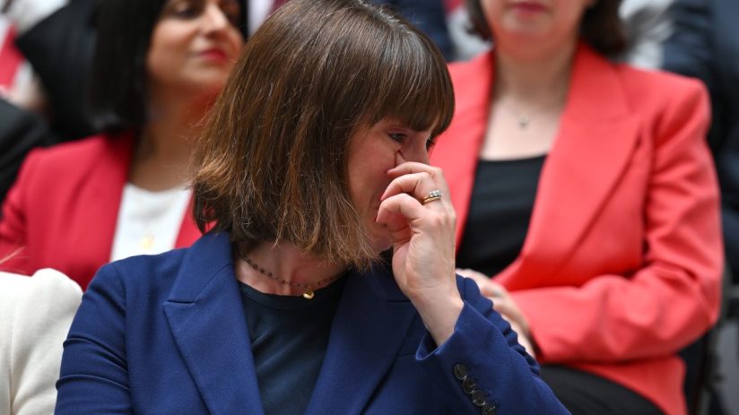 MANCHESTER, ENGLAND - JUNE 13: Rachel Reeves, Shadow Chancellor of the Exchequer, cries during the launch of Labour's general election manifesto on June 13, 2024 in Manchester, United Kingdom. Labour is consistently leading the polls by over 20 points, according to the latest YouGov data. (Photo by Anthony Devlin/Getty Images)